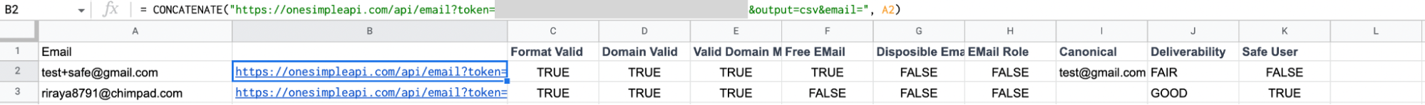 Screenshot of Email Validation API in a Spreadsheet